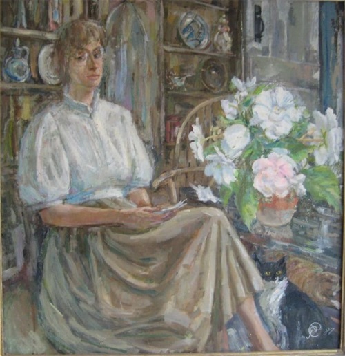 20th Century Ornately Framed Woman & Cat Painting - Oil on Canvas