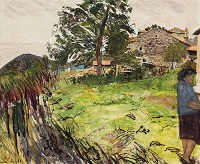 Carel Weight French Farm with Woman in Blue