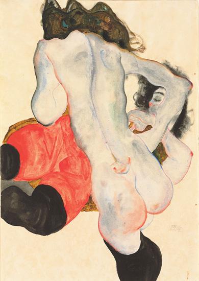 egon schiele Liegende Frau mit roter Hose und stehender weiblicher Akt print