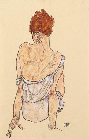 egon schiele Sitzende in Unterwäsche, Rückenansicht print
