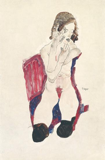 egon schiele Sitzendes Mädchen mit schwarzen Strümpfen und vorgehaltenen Händen print
