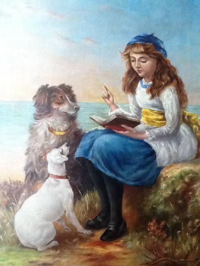 Rose F. Daniels Antique Oil of a Girl Reading to Two Dogs - Dated 1888