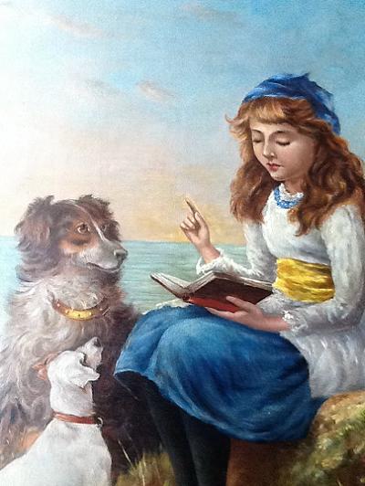 Rose F. Daniels Antique Oil of a Girl Reading to Two Dogs - Dated 1888