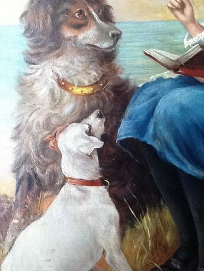 Rose F. Daniels Antique Oil of a Girl Reading to Two Dogs - Dated 1888
