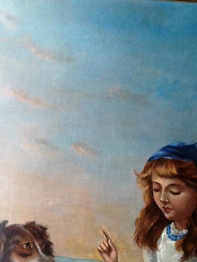 Rose F. Daniels Antique Oil of a Girl Reading to Two Dogs - Dated 1888