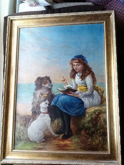 Rose F. Daniels Antique Oil of a Girl Reading to Two Dogs - Dated 1888