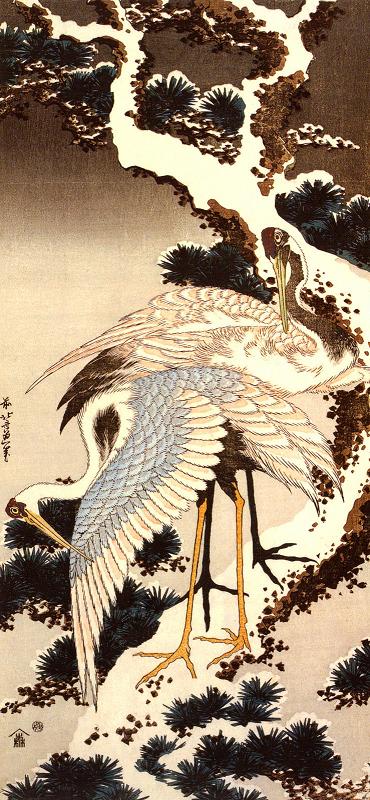 Hokusai Cranes on a Pine Tree Print