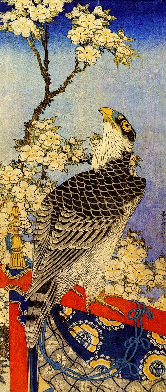 Hokusai Falcon and Cherry Blossom Print