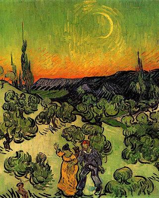 Vincent van Gogh Landscape with Couple Walking and Crescent Moon Canvas Print
