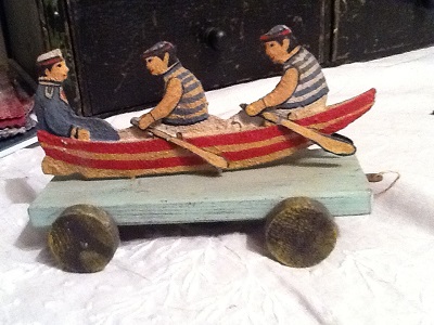 Wooden Three Men in a Boat Toy on wheels